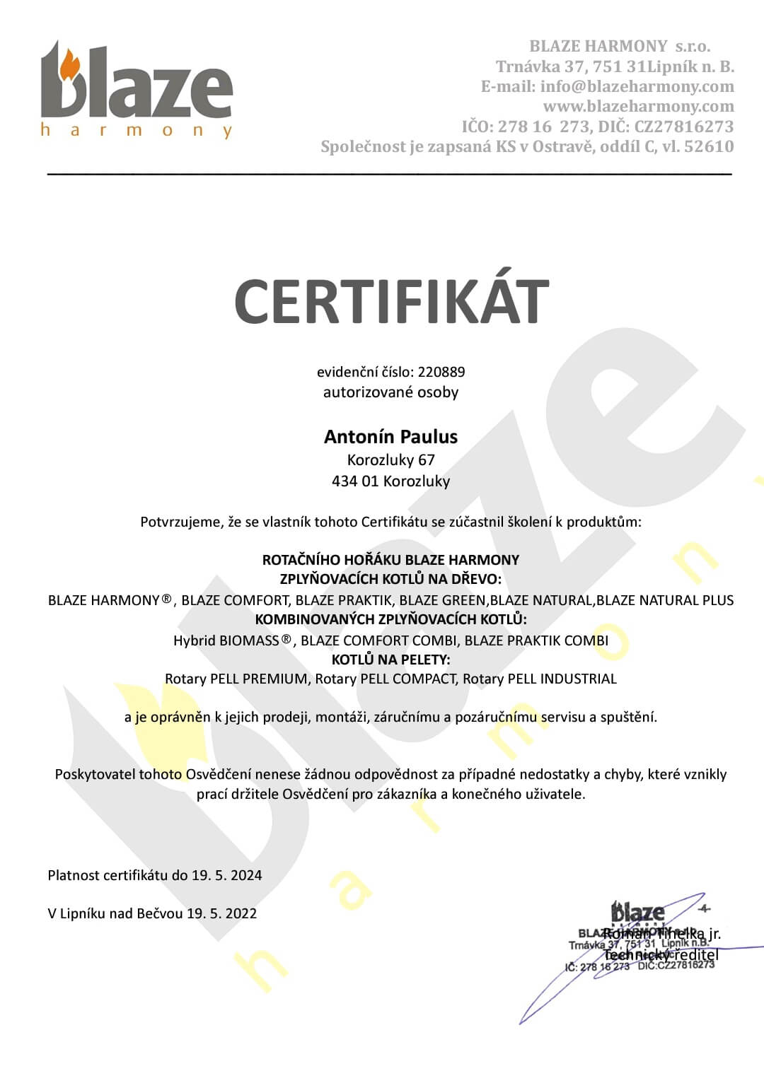 Certifikát Blaze Harmony